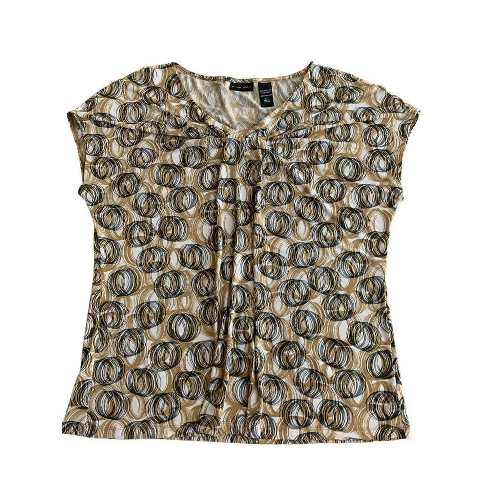 New York & Company Womens Stretch Top Beige & Black Circles Pattern Short Sleeve - Picture 7 of 10